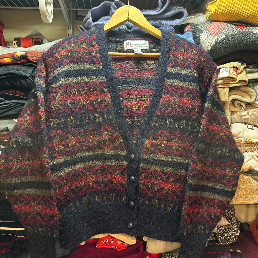 Vintage Milano Mohair Blend Patterned Multicolor Cardigan Sweater Women's Large